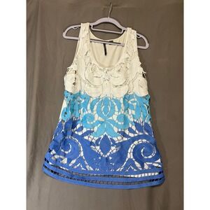 Womens XL Lace Overlay Ombre Tank Top Blue White Sleeveless Shirt